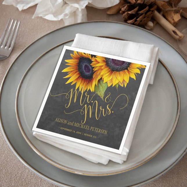 Serviette Jetable Sunflowers chalkboard mr et mrs script mariage (Créateur téléchargé)