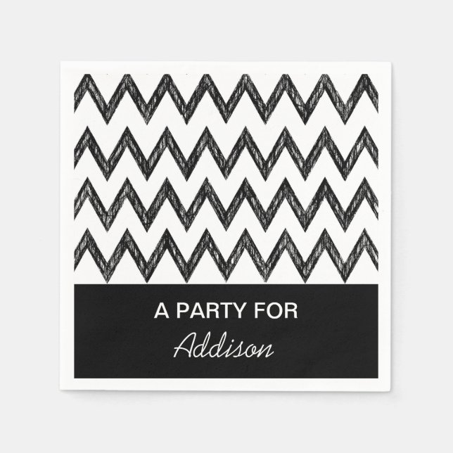 Serviette Jetable Tendance crayon noir et blanc Chevron avec nom (Devant)