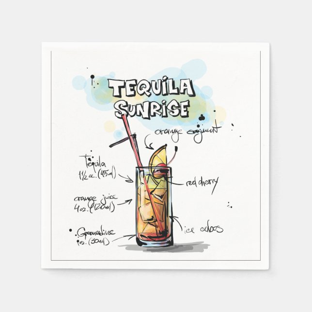 Serviette Jetable Tequila Sunrise Drink Recette Cocktail Napkin (Devant)