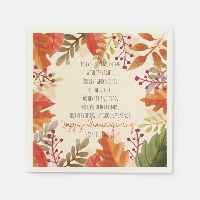 Serviette Jetable Thanksgiving Poem. Bon thanksgiving. Personnalisé. (Devant)