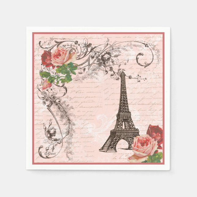 Serviette Jetable Tour Eiffel et roses roses roses Papier serviettes (Devant)