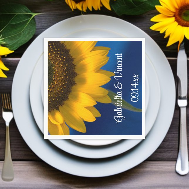 Serviette Jetable Tournesol jaune sur Mariage bleu (Créateur téléchargé)