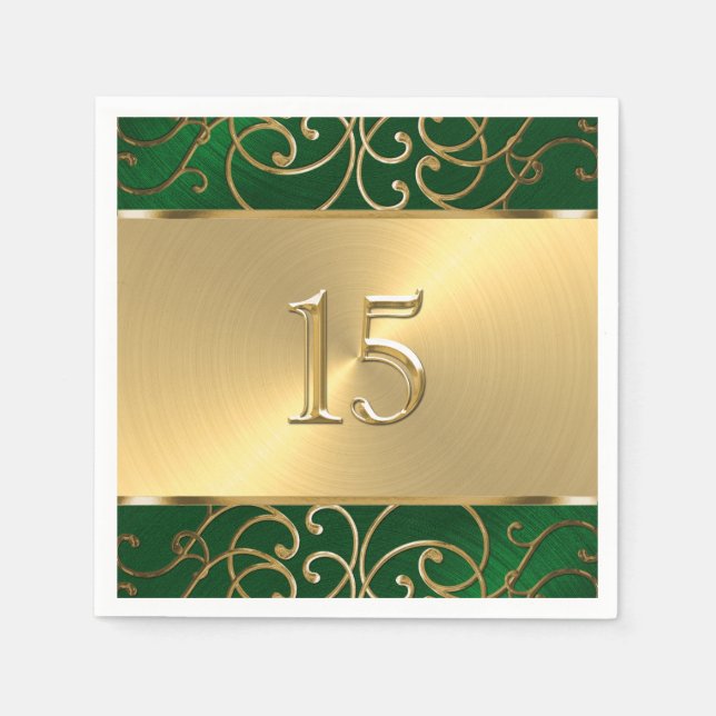Serviette Jetable Tournois de Filigree vert et or de Quinceanera Eme (Devant)