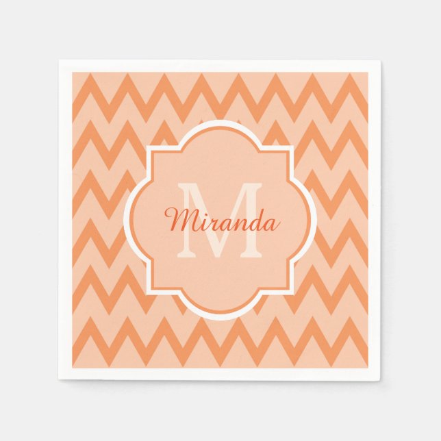 Serviette Jetable Trendy Orange Chevron Zigzag Nom et Monogramme (Devant)