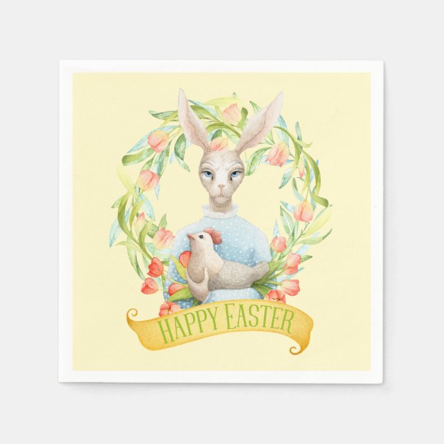 Serviette Jetable Tulip Wreath et Rabbit Joyeux Pâques (Devant)