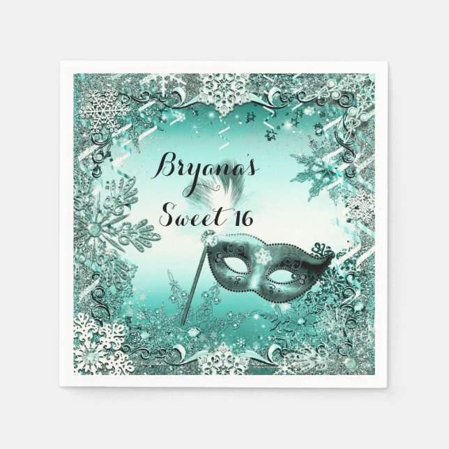 Serviette Jetable Turquoise Aqua Green Winter Masquerade & Snowflake (Devant)