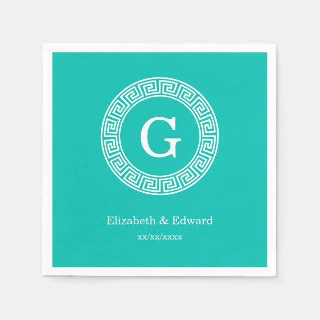 Serviette Jetable Turquoise Blanc Clé grecque Cadre Ronde Monogramme (Devant)