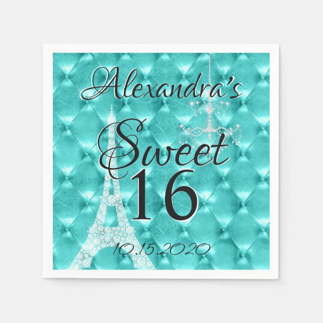 Serviette Jetable Turquoise Blue Paris Sweet sixteen Fête d'annivers (Devant)