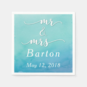 Serviette Jetable Turquoise & Blue Watercolor Mariage Mr & Mrs Typog