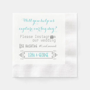 Serviette Jetable Typographie avec le hashtag Instagram aqua mariage