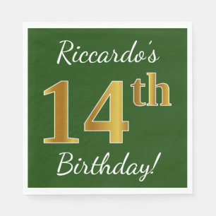Serviette Jetable Vert, Faux Gold 14e anniversaire + Nom personnalis