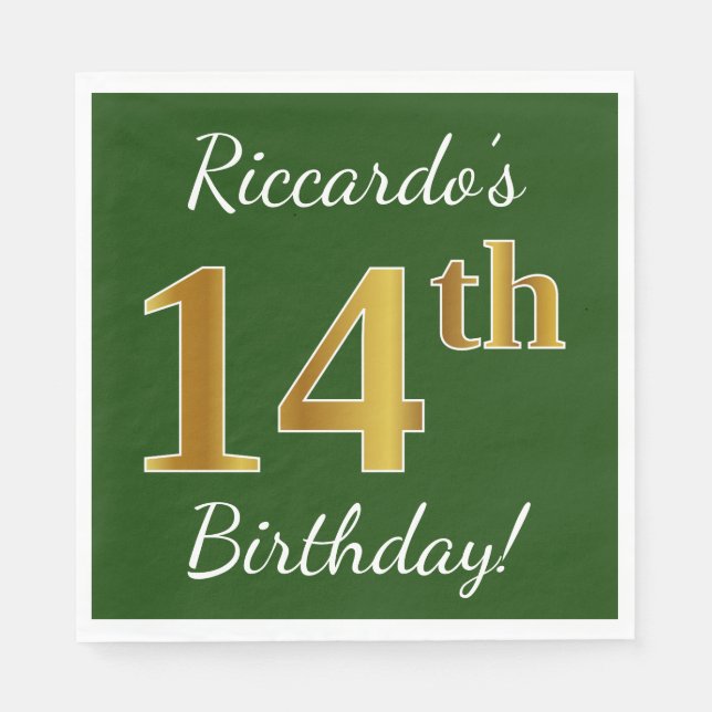 Serviette Jetable Vert, Faux Gold 14e anniversaire + Nom personnalis (Devant)