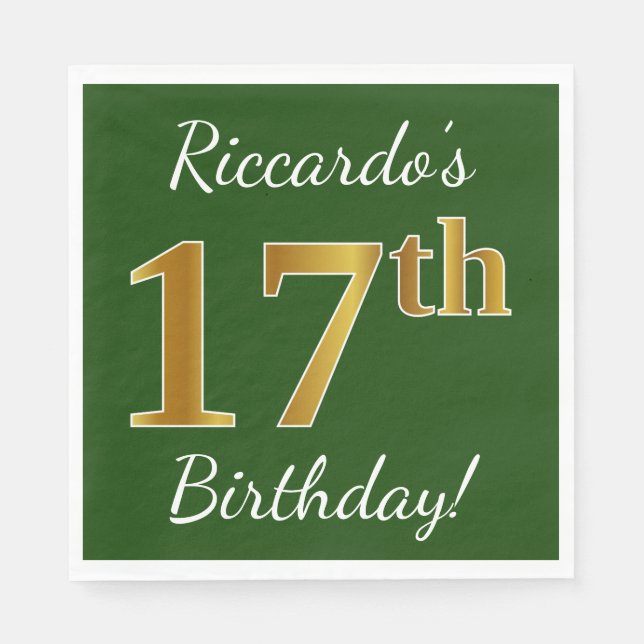 Serviette Jetable Vert, Faux Gold 17e anniversaire + Nom personnalis (Devant)