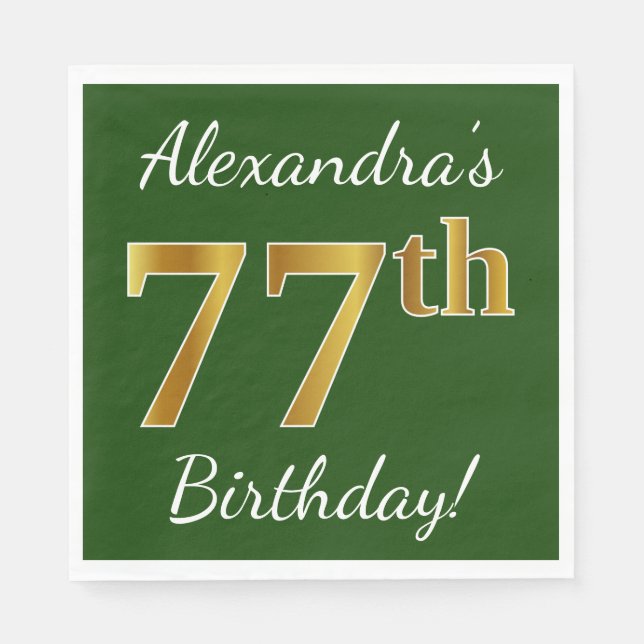 Serviette Jetable Vert, Faux Gold 77e anniversaire + Nom personnalis (Devant)