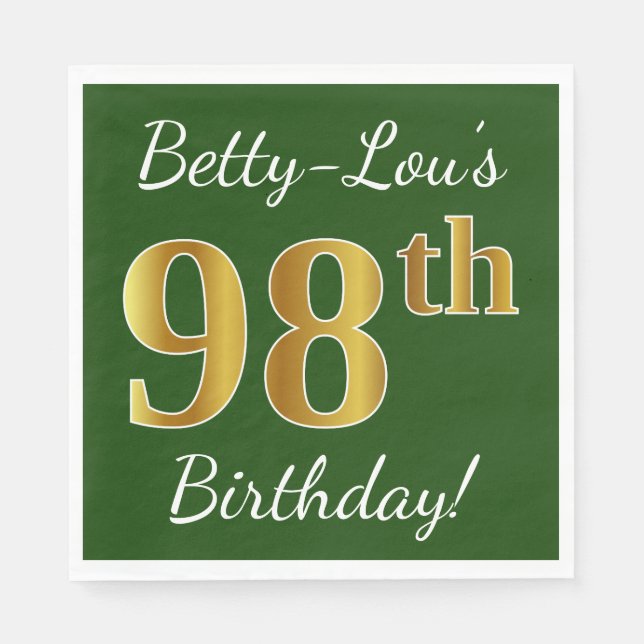 Serviette Jetable Vert, Faux Gold 98e anniversaire + Nom personnalis (Devant)
