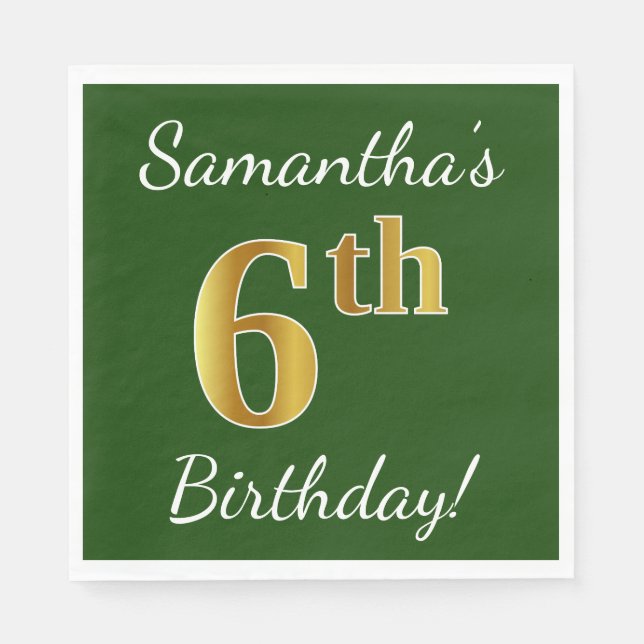 Serviette Jetable Vert, Faux Or 6ème anniversaire + Nom personnalisé (Devant)