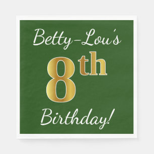 Serviette Jetable Vert, Faux Or 8ème anniversaire + Nom personnalisé