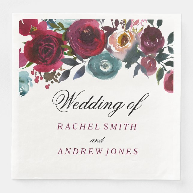 Serviette Jetable Vin rouge Bourgogne Mariage floral (Devant)