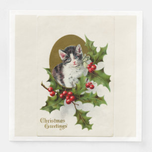 Serviette Jetable Vintage Christmas Kitten Blanc