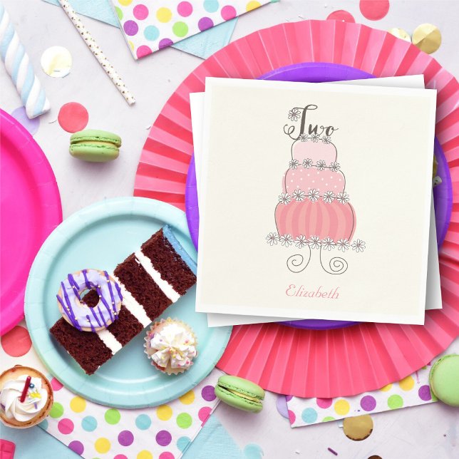 Serviette Jetable Whimsical Rose Girl 2e anniversaire gâteau fête po (Whimsical Pink Girl 2nd Birthday Cake Kids Party Paper Napkins @ fat_fa_tin)
