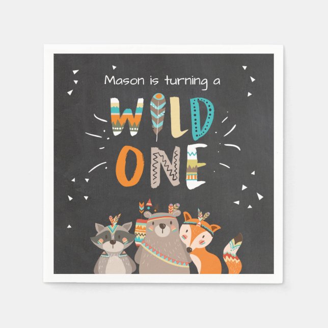 Serviette Jetable Wild one Papier Napkin Tribal Bois Animaux Garçon (Devant)
