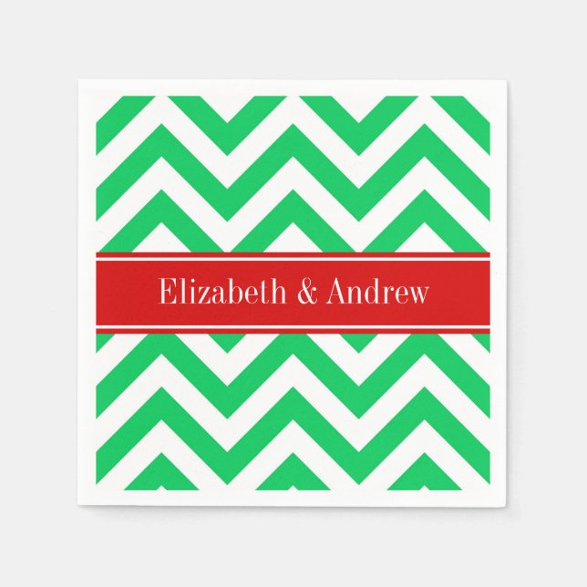 Serviette Jetable Xmas Emerald White LG Chevron Nom rouge Monogramme (Devant)