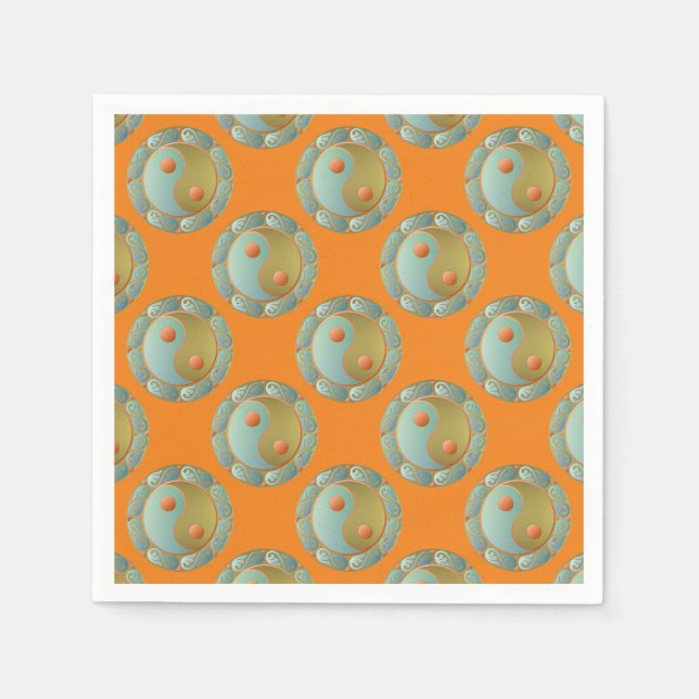 Serviette Jetable Yin Yang médaillon d'or Turquoise (Devant)