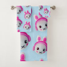 Serviette Lapin de Dessin Animé Bleu et Rose Paste