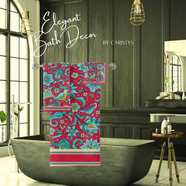 Serviette Oiseaux, Florales, Bleus, Rouge, Lime Pâ (Créateur téléchargé)