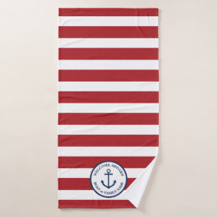 Serviette personnalisée rayée rouge ancrée marine
