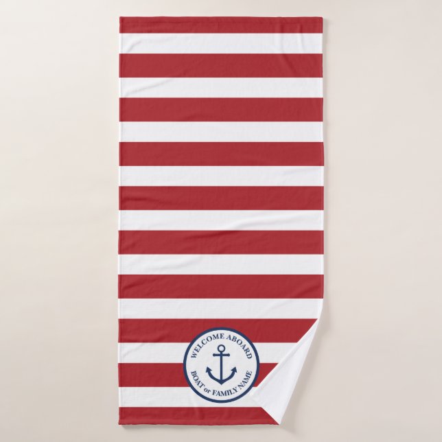 Serviette personnalisée rayée rouge ancrée marine (Serviette de bain)