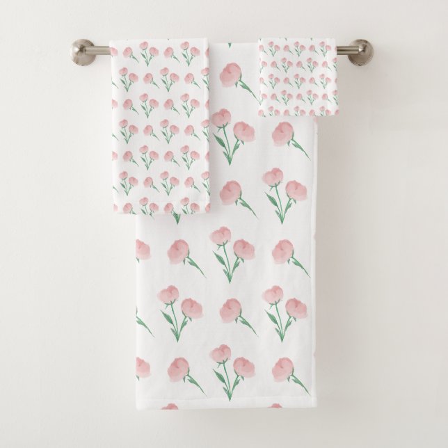 Serviette rose avec pivoine, prépa ou douche (En situation)