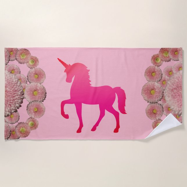 Serviette rose de licorne et de plage de fleurs (Devant)