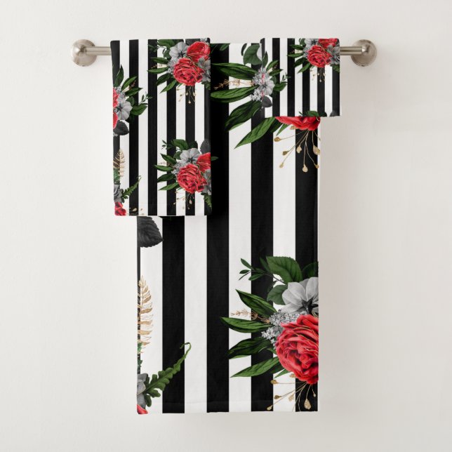 Serviette Set Rouge Gris Floral Noir Vert. Rayures (En situation)