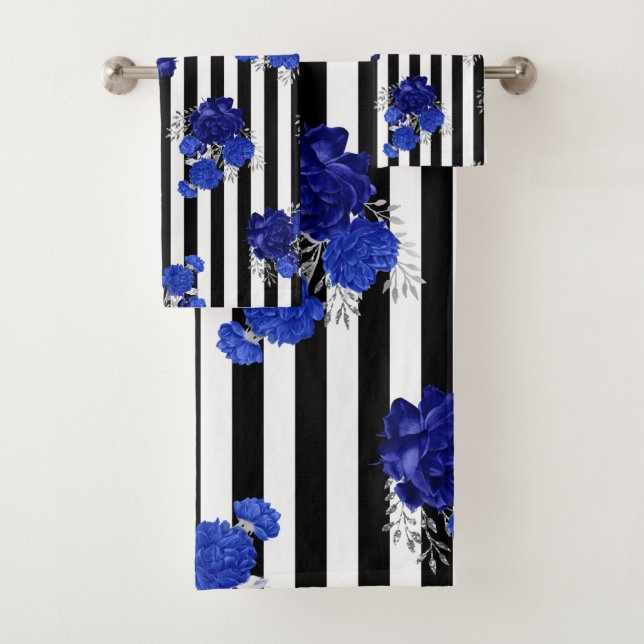 Serviette Set Royal Blue Floral Black Vert. Rayure (En situation)