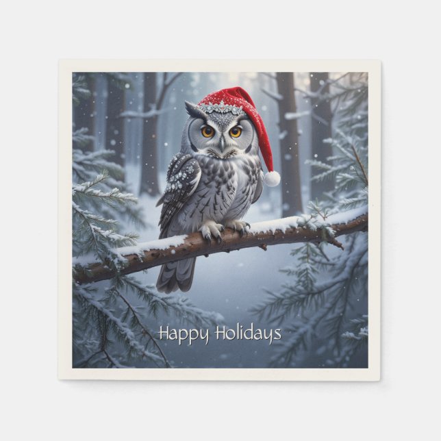Servietten mit Eule und Weihnachtsmannmütze (Vorderseite)