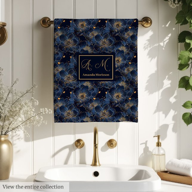 Serviettes à monogramme Navy Gold, cadeau de maria (Navy Gold Monogram Towels Chic Wedding Gift)