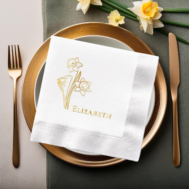 Serviettes avec motif floral de jonquilles estampé (Elegant Spring Daffodils Floral Outline Foil Stamped Napkins)
