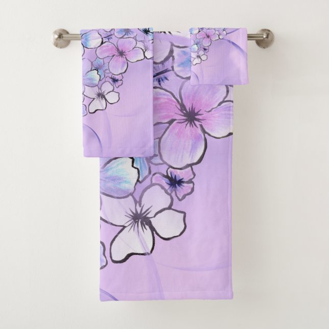 Serviettes de bain à bulles violettes et fleurs de (En situation)