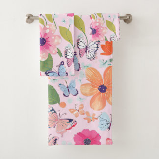 Serviettes de bain Papillons et Fleurs, Rose