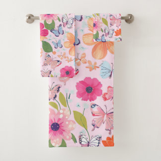 Serviettes de bain Papillons et Fleurs, Rose