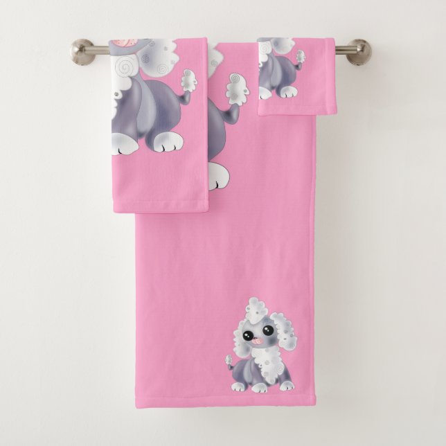 Serviettes de bain roses avec chien animal de comp (En situation)