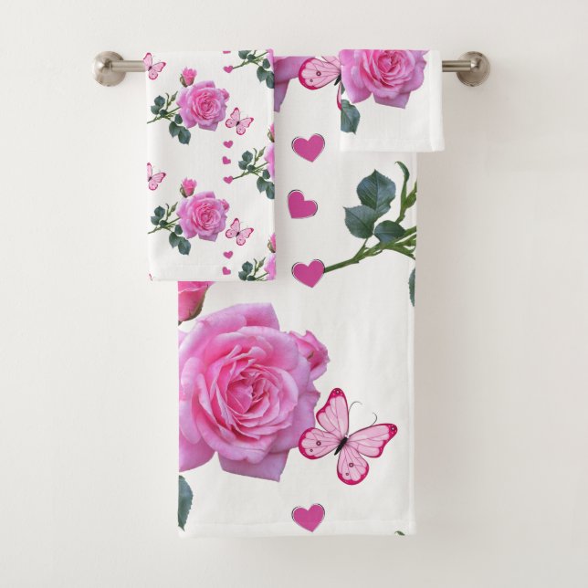 Serviettes de bain Set Rose Rose Rose Floral Papil (En situation)