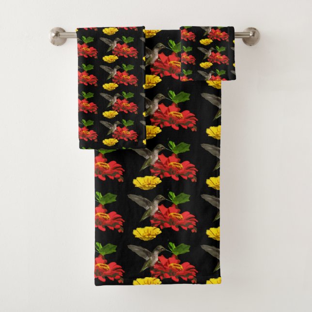 Serviettes de bains Motifs à fleurs rouges jaunes  (En situation)