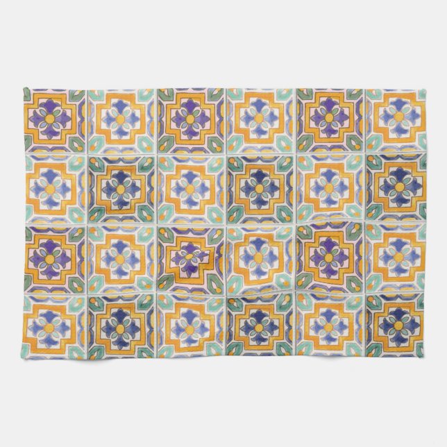Serviettes de cuisine carrelées orange-vert-bleu (Horizontal)