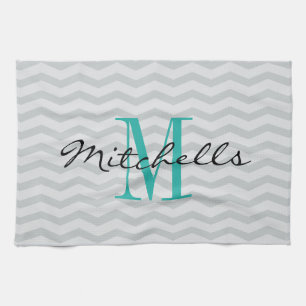 Serviettes de cuisine monogramme gris chevron pers