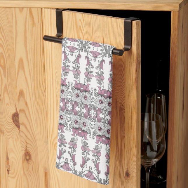 Serviettes de cuisine rose Silver Blanc Floral (Pliage en tiers)