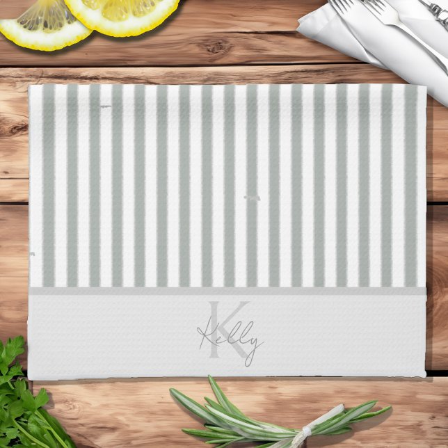 Serviettes De Cuisine Stripées Personnalisées (Personalized Classic Sage Striped Kitchen Towels)