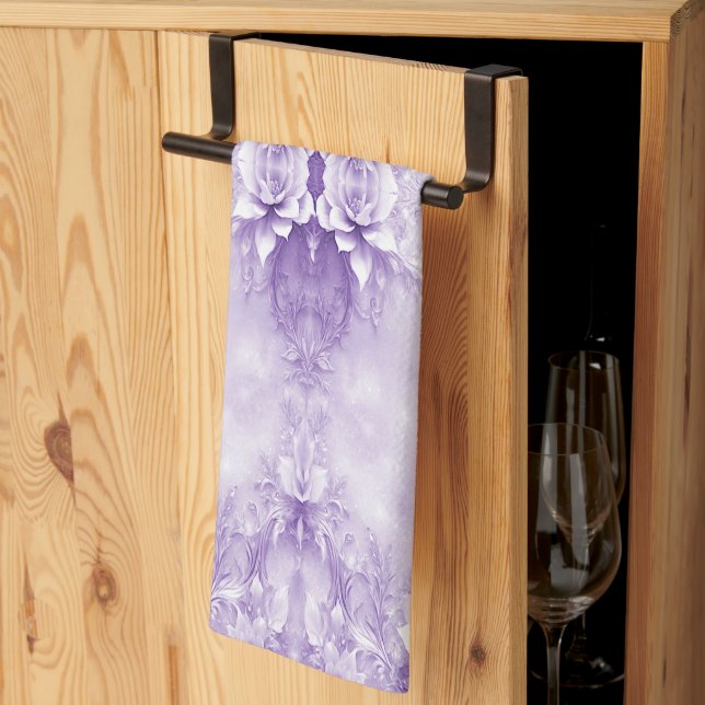 Serviettes de cuisine violet blanc Fleurs (Pliage en tiers)