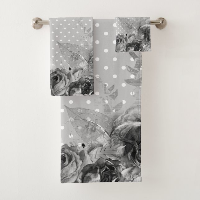 SERVIETTES DE SALLE DE BAIN EN FLEURS BLANC GRIS (En situation)